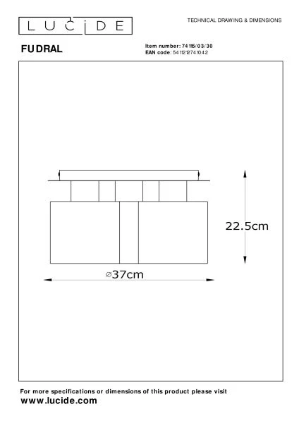 Lucide FUDRAL - Plafonnière - Ø 37 cm - 3xE27 - Zwart - technisch